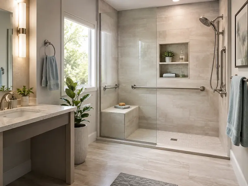 Douche accessible avec barres d’appui et siège intégré.