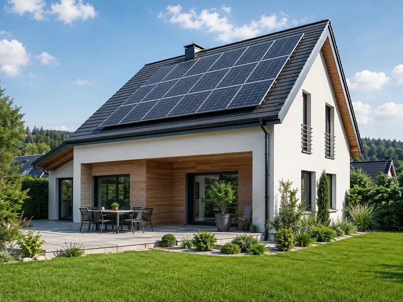 Maison contemporaine équipée de panneaux photovoltaïques sur une toiture ensoleillée.