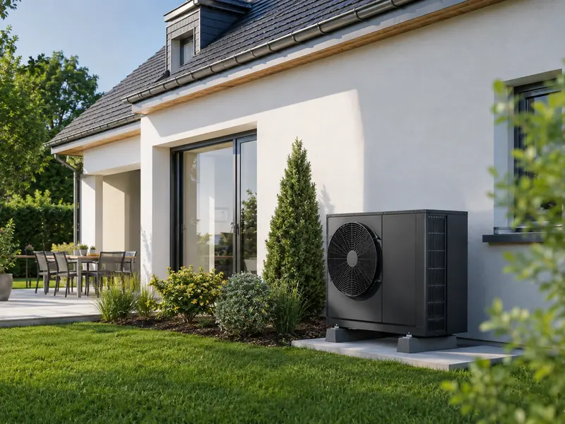 Unité extérieure de pompe à chaleur installée près d’une maison.