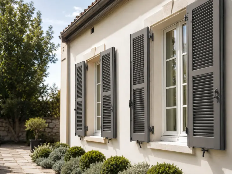Façade élégante avec volets anthracite ouverts sur des fenêtres blanches.